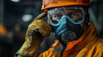 Industrial Worker Wearing Respirator Mask and Safety Glasses photo