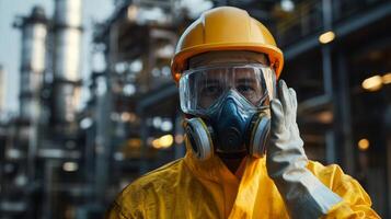 Industrial Worker Wearing Safety Gear and Gas Mask photo