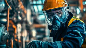 Industrial Worker in Safety Gear and Gas Mask photo