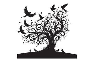 Black and white halloween tree with birds silhouette vector