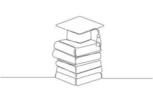 Books with graduation hat continuous line art drawing. Educational theme background. vector
