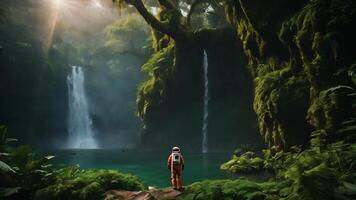 A breathtaking scene of a cascading waterfall in the heart of the jungle, where a hiker traverses a lush forest trail, showcasing the serene beauty of the tropical wilderness and nature splendor. video