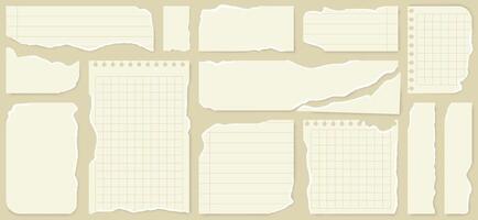 Light beige paper shapes with jagged uneven edges. Torn paper pieces set. Ripped fragments for message label, banner, text box, sticker with overlay shadow effect vector