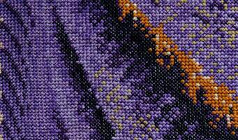 Purple, violet and brown close-up cross stitch background. Abstract Embroidered handmade Pattern. Needlework and DIY concept. Top view, macro, flat lay, mockup. photo