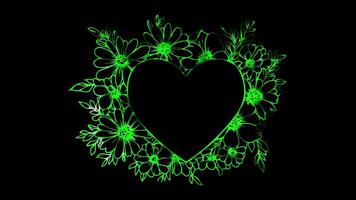 Neon frame effect, flower hearts around, glowing, black background. video