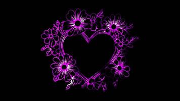 Neon frame effect, flower hearts around, glowing, black background. video