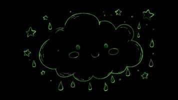 Neon frame effect, fluffy cloud-shaped frame with raindrops, glowing, black background. video