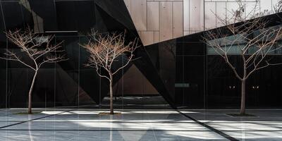 Leafless trees standing in front of modern office building photo