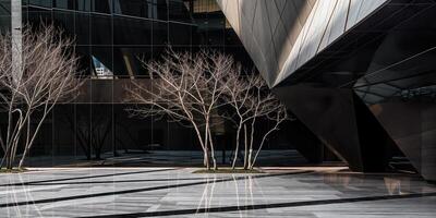 Leafless trees standing in front of modern office building photo