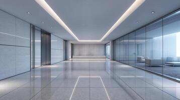 Modern empty office lobby with glass walls and reception desk photo