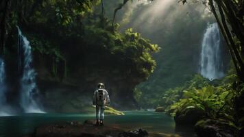 Astronaut walks through a forest full of lush trees on a planet. video