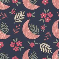 Hand drawn magical moon with botanical flower and tropical leaf seamless pattern vector