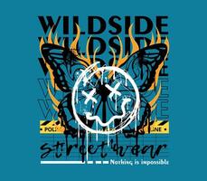 wildside slogan illustration that combines a graffiti aesthetic with a butterfly motif, fiery flames, a happy emoji icon. Perfect for print design, T-shirts, streetwear, and more vector