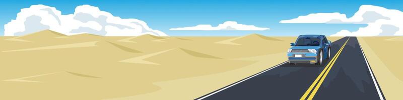 Landscape view of mini car driving on asphalt road. Can view inside car with driving man. high and low slopes of the vast desert under blue sky and white clouds. Background for banner. vector