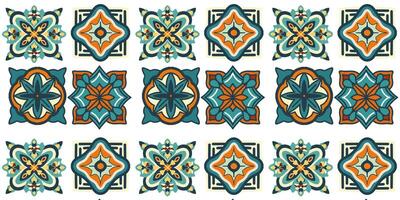 A set of geometric patterns, ornamental tiles in green and ocher shades vector