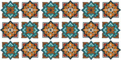 Seamlless pattern of a tile texture design in blue green - orange red tones geometric ornament vector