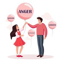 People with balloons with emotions written inside. The girl and the man show that they understand each others emotions. vector
