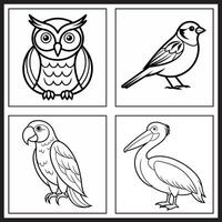 Fun bird-themed coloring page for kids, featuring intricate line art of an owl, sparrow, parrot, and pelican for creative learning. vector