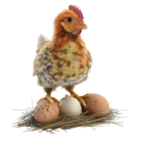 Chicken standing on eggs isolated on transparent background png
