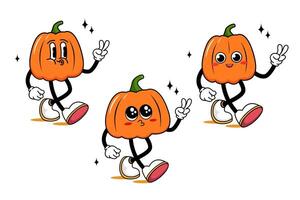 Clockwork autumn set Cute pumpkin characters in retro style. Retro cartoon wind-up walking smiling pumpkin mascot showing two fingers in peace sign. vector