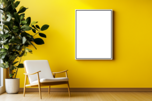 Blank photo frame on yellow wall design element, transparent background png