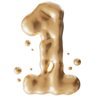 Dynamic golden liquid number 1, on transparent background. Elegant fluid, luxurious metallic surface. Numeral one. Flowing molten gold. Cut out design element. First birthday, anniversary. 3D. png