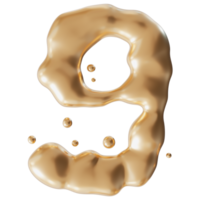 Dynamic golden liquid number 9, on transparent background. Elegant fluid, luxurious metallic surface. Numeral nine. Flowing molten gold. Cut out design element. Ninth birthday, anniversary. 3D. png