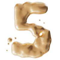 Dynamic golden liquid number 5, on transparent background. Elegant fluid, luxurious metallic surface. Numeral five. Flowing molten gold. Cut out design element. Fifth birthday, anniversary. 3D. png