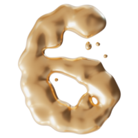 Dynamic golden liquid number 6, on transparent background. Elegant fluid, luxurious metallic surface. Numeral six. Flowing molten gold. Cut out design element. Sixth birthday, anniversary. 3D. png