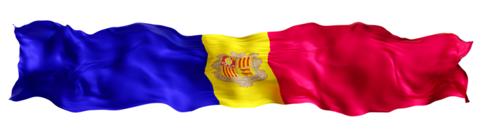Stylized flag of Andorra, waving in the wind, on transparent background. Footer, header or divider. Cut out wide, panoramic element. Banner for patriotic themes or national event promotions. 3D. png