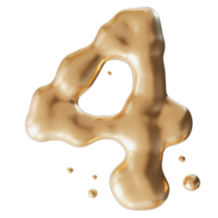 Dynamic golden liquid number 4, on transparent background. Elegant fluid, luxurious metallic surface. Numeral four. Flowing molten gold. Cut out design element. Fourth birthday, anniversary. 3D. png