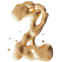 Dynamic golden liquid number 2, on transparent background. Elegant fluid, luxurious metallic surface. Numeral two. Flowing molten gold. Cut out design element. Second birthday, anniversary. 3D. png