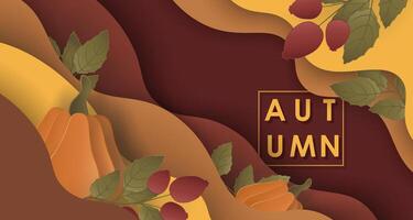 Autumn background with 3D paper cut waves and fall elements. vector