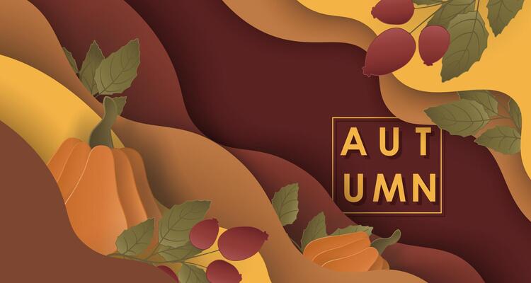 Autumn background with 3D paper cut waves and fall elements.