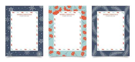 Set of blank greeting cards with Christmas and New Year, decorated with rowan branches, spruce and snowflakes. Illustration vector