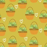 Seamless pattern with cute cartoon frogs in a basket, for fabric prints, textiles, gift wrapping paper. children's flat and colorful style vector