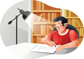 Boy studying with a book at the table with lamp vector