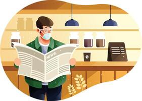 Using a protective mask when reading newspaperin new normal because coronavirus vector