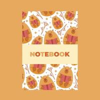 Cover of notebook with hand draw seamless pattern of capybaras with leaves and book. illustration in flat style. Cartoon cute animal for print.Kids illustration.Page template,planners. vector
