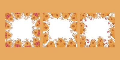Set of frames, borders, cards with hand draw capybara with flowers and copy space. illustration in flat style. Cartoon cute animal for print. Kids illustration on white background.For print. vector