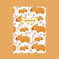 Cover of notebook with hand draw seamless pattern of capybaras with leaves. illustration in flat doodle style. Cartoon cute animal for print.Kids illustration.Page template,planners. vector