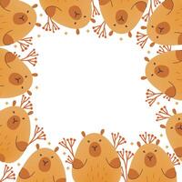 Frame, border, card with hand draw capybara with flowers and copy space. illustration in flat style. Cartoon cute animal for print. Kids illustration on white background.For print and banners. vector