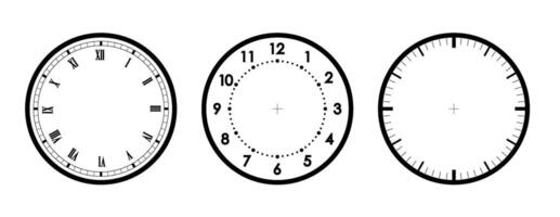 Clocks face with black frame and hands. Simple classic wall clock with Arabic numbers, with Roman numeral and without numbers isolated vector
