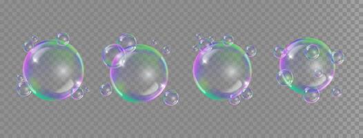 Bubbles with rainbow reflections isolated. Transparent realistic colorful soap bubbles collection on transparent background vector