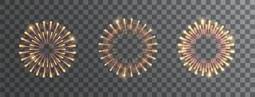 Brightly Fireworks on night sky background isolated set. Light particle firecracker explosion effect. Christmas holiday design elements. vector