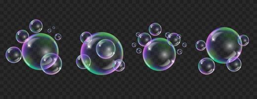 Soap bubbles realistic set isolated .Flying colorful bubble on black transparent background vector
