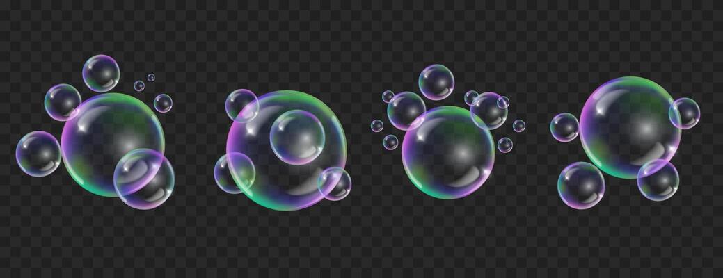 Soap bubbles realistic set isolated .Flying colorful bubble on black transparent background