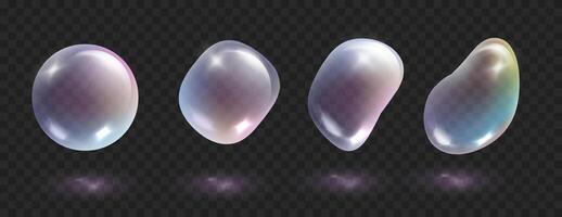 Transparent realistic bubbles. Realistic glass bubbles with reflections isolated on dark background. Soft colorful soap. vector