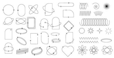 Trendy linear frames with sparkles, Y2k geometric forms. Arch frame with stars for social media or poster design. Simple decorative boho style border collection. vector
