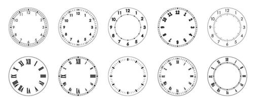 Mechanical clock face template. Circles of clock faces for time. Blank outline of watch. vector